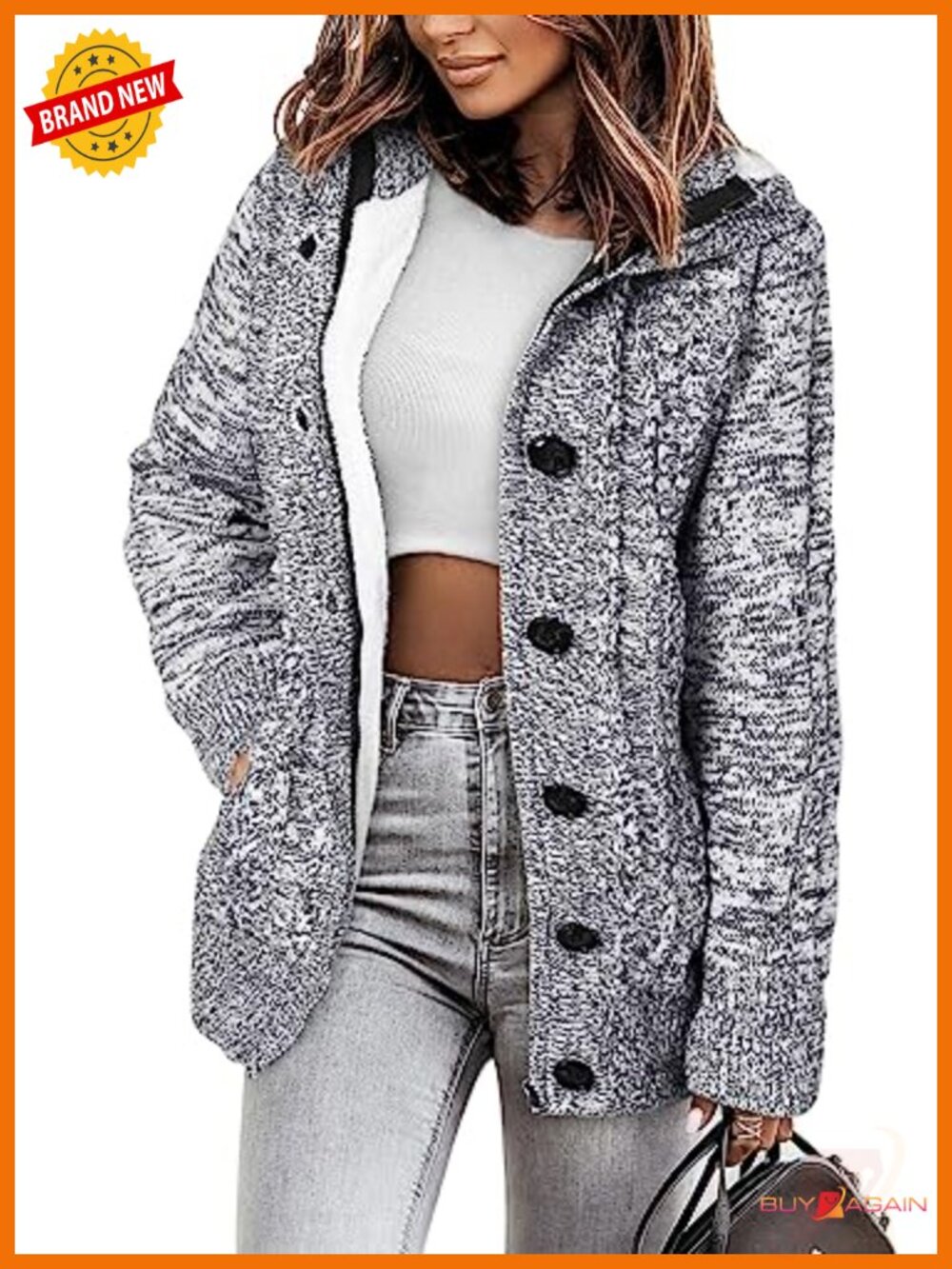 Hooded Fleece Lined Cardigan Sweater Full Zip Button Knit Women's